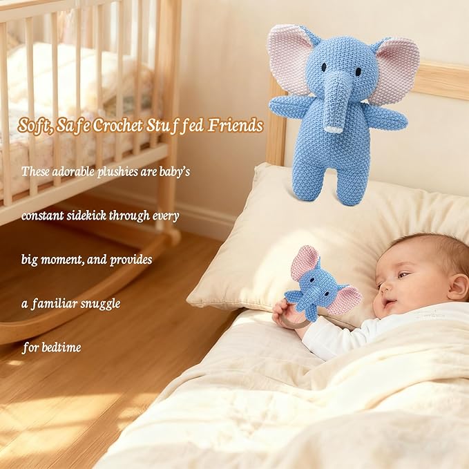 10" Crochet Elephant Stuffed Animal with Rattle, Pure Cotton Soft Crochet Doll Plush Toy for Newborn, Handmade First Birthday Gift