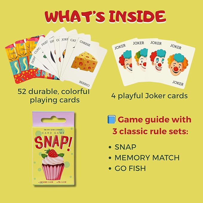 3-in-1 Snap Card Games for Kids | 52 Cards with 4 Jokers | Memory, Matching & Brain Games | Educational Preschool Learning for Toddlers & Kids 2-6 | Family Travel Game