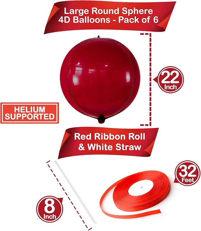 KatchOn, Big Metallic Ruby Red Balloons - 22 Inch, Pack of 6 | Round 4D Mylar Balloon for Valentines Day Decorations | Valentines Balloons for Galentines Decorations | Red Party Decoration, Birthday