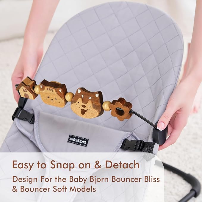 Three-Dimensional Baby Bjorn Bouncer Toy Bar, Toy for Baby Bouncer Soft & Bliss, Easy to Attach and Remove, 360°Rotating Natural Wooden Toys, Double-Sided Raised Design, Cat & Dog