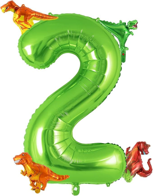 Dinosaur Green Number 2 Balloon, 40 Inch Big Large Foil Helium Green Number Balloon with 4 Pcs Mini Dinosuar, Dinosuar Balloons Set for 2 Year Old Birthday Party Decorations Supplies