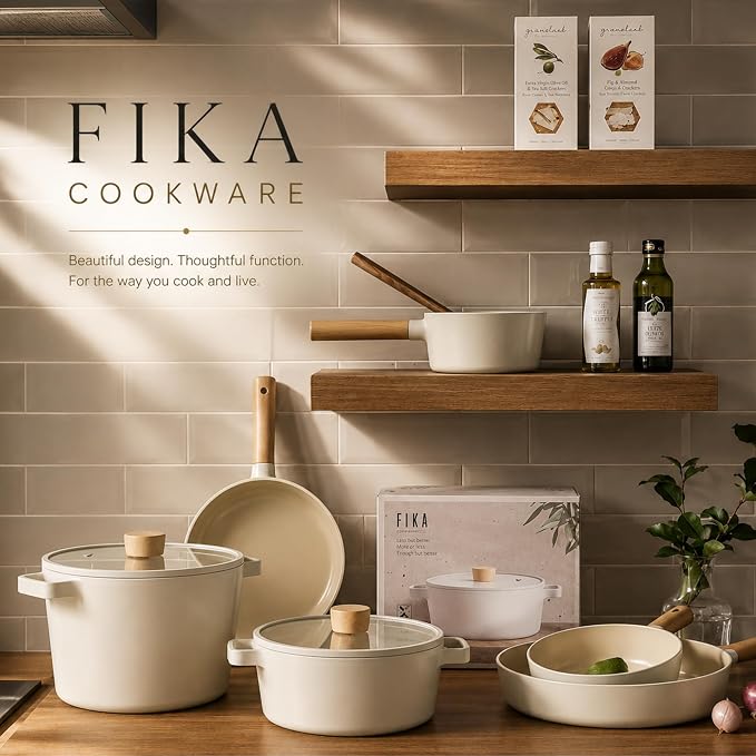 NEOFLAM FIKA 4-Piece Ceramic Coated Nonstick Cookware Set with Glass Lids, 2.7 Qt Casserole Pot & 1.7 Qt Saucepan, Natural Wood Handles, Induction Compatible, Made in Korea