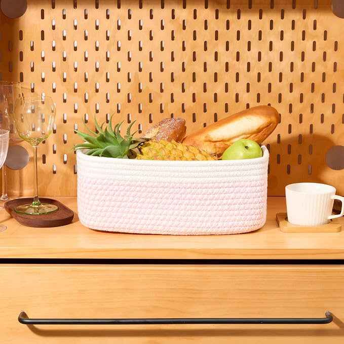 MiniArk Small Storage Baskets for Organizing | Closet Organizer Bins | Shelf Toy Basket | Woven Rope Baskets | Cube Decorative Box | Shallow Basket | 13x8.5x5.1” | 3 Packs White Pink