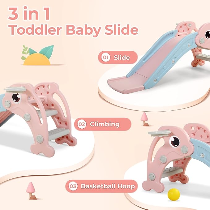 NYEEKOY 3 in 1 Toddler Slide, Baby Slide Climber Playset with Basketball Hoop and Ball, Indoor and Outdoor Playground for Kids