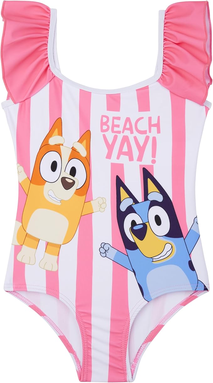 Paw Patrol | Bluey Girls Swimsuit, One Piece Toddler Bathing Suit with Ruffle Shoulder UPF 50+ Pool, Beach Swimwear