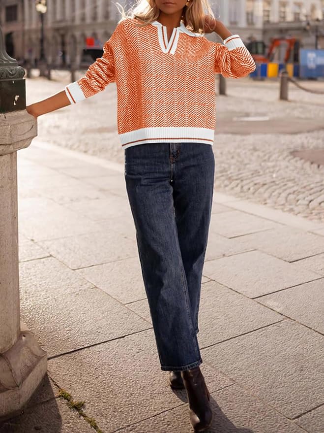 Saodimallsu Womens Fall Sweaters Tops Lapel V Neck Knit Color Block Shirt | Winter,Long Sleeve,Casual,Soft,Pullover,Cozy,Ribbed,Ladies,Chunky,Warm Sweaters,Checkered,Tunic,Work