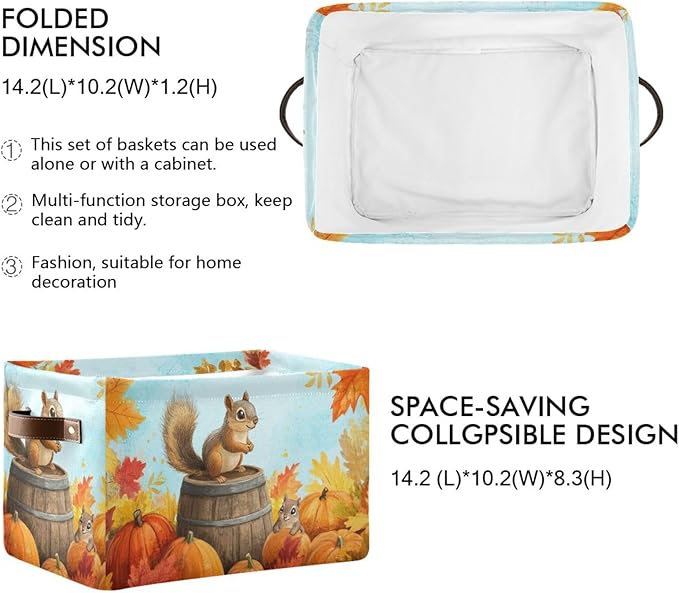 Aslsiy Storage Basket Fall Squirrel Pumpkins Maple Nursery Bins Blue Sky Baby Box Canvas Clothes Shelf Basket Laundry Hampers 2 Pcs