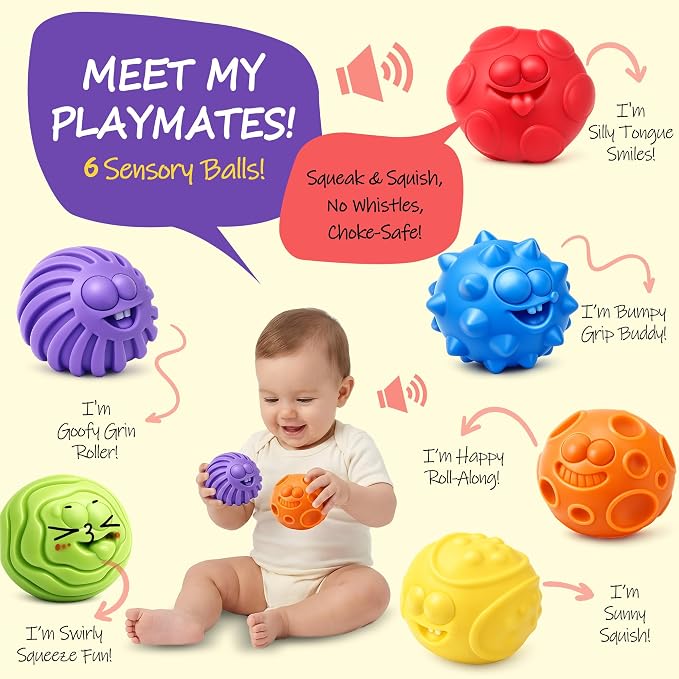 Baby Sensory Balls for 6-12 Months, 6PCS Textured Infant Toys, Soft Montessori Grasp Ball Set for Baby Development, Fine Motor Skills, Colorful Early Learning Gift