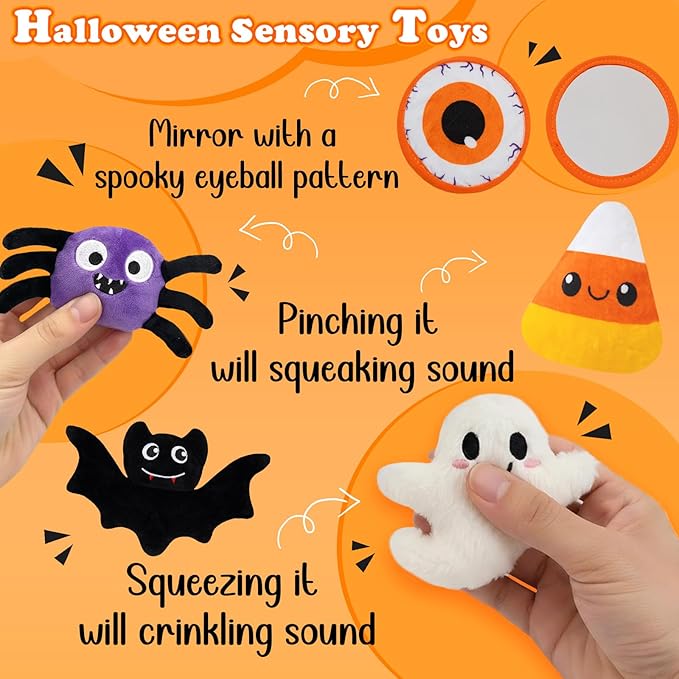My First Halloween Baby Toys, Cuet Pumpkin Stuffed Animal Decor with Ghost Spider Bat Candy Corn Plush Toys and Small Mirror, Halloween Plush Gifts Basket Party Favors for Kids Babies Toddlers