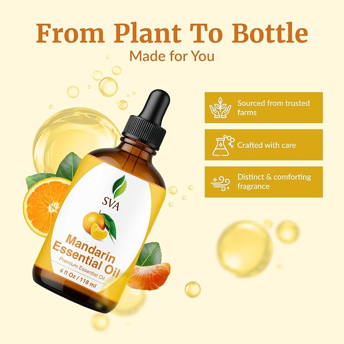 SVA Mandarin Essential Oil 4 Fl Oz – for Diffuser, Skin & Hair Care – Ideal for Massage & DIY Blends - with Dropper