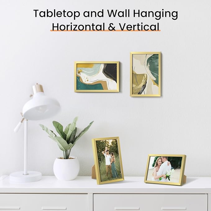 upsimples 4x6 Picture Frame Set of 3, Made of High Definition Glass for 4 x 6 Gold Frames, Wall and Tabletop Display Thin Border Photo Frame for Home Décor