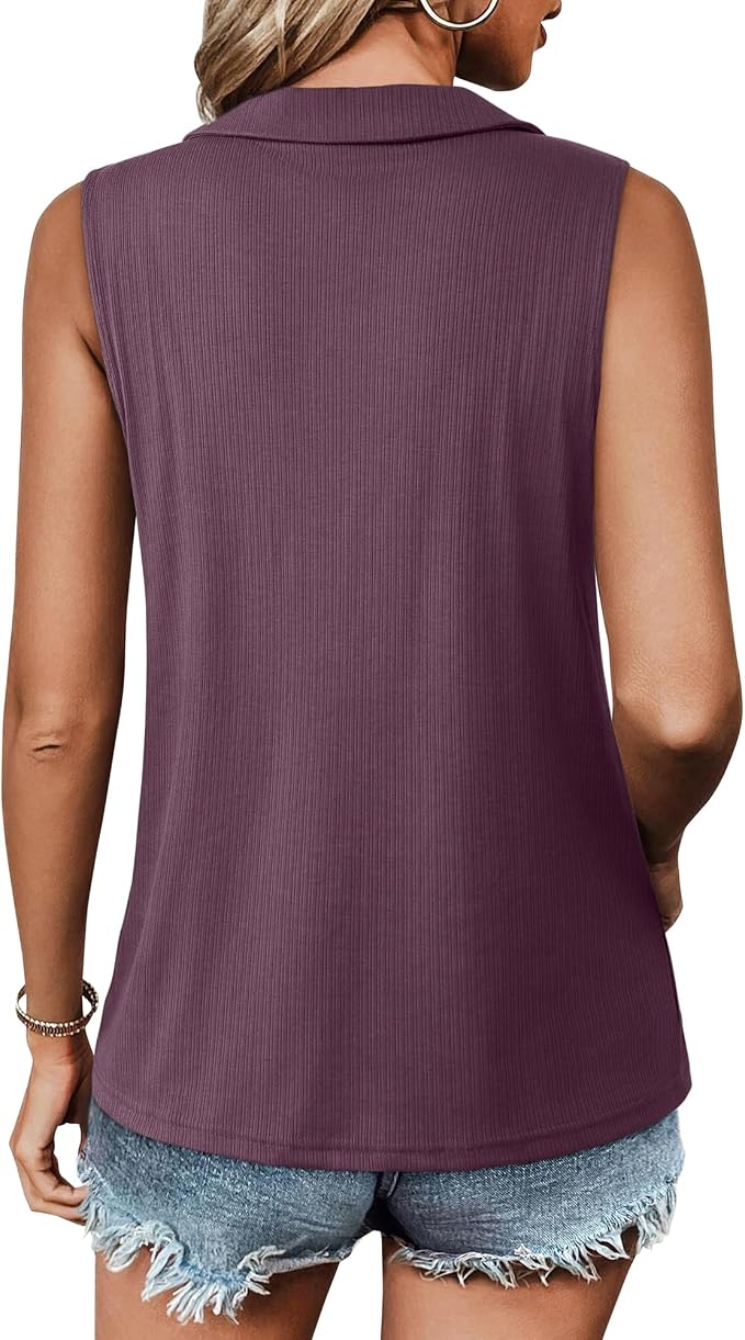 Vivilli Womens Ribbed Tank Top Zipper V Neck Dressy Casual Blouses Sleeveless Camisole Tops Work Tank Polo Shirts
