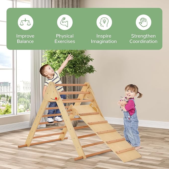 OLAKIDS Pikler Triangle Set 3 in 1 Climbing Toys for Toddlers Foldable Wood Montessori Baby Jungle Gym with Ramp Ladder Slide Kids Indoor Playground Activity Play Structure