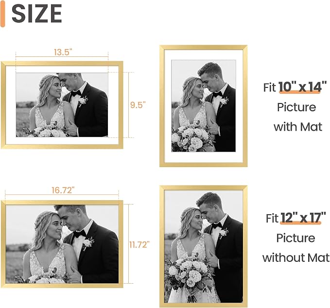 upsimples 12x17 Picture Frame, Display Pictures 10x14 with Mat or 12x17 Without, Wall Hanging Photo Frame, Gold, 1 Pack