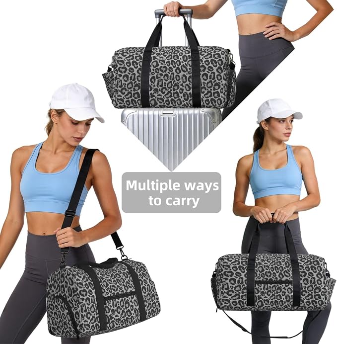 Fiokroo Sports Gym Bag Grey Leopard Pattern Travel Duffel Bag For Men Women With Shoe Compartment Water Resistant Gym Bag Carry On Duffel Bag For Weekend Traveling Yoga Gym Sports