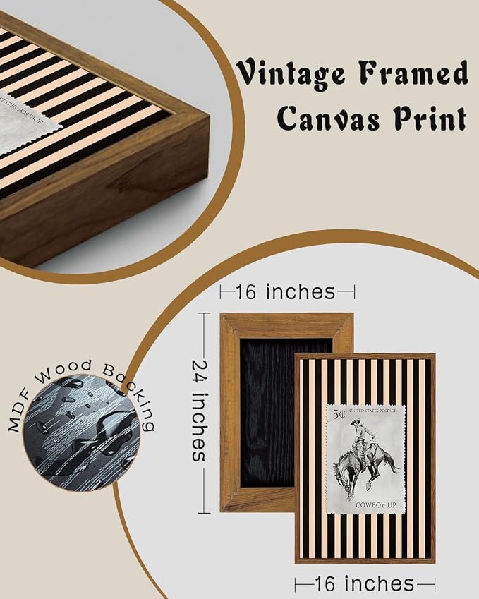 ZZLWBKGL Western Wall Decor Cowboy Canvas Art Vintage Framed Wall Art | Farmhouse Striped Artwork Retro Country West Stamp Picture Bucking Bronco Paintings for Living Room Bedroom 16x24in