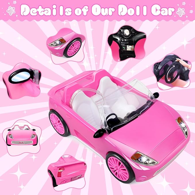 TDDS9 78 Pcs 11.5 Inch Doll Pink Convertible Car Playset, Dress up for Kids Including 11.5 in Girl Doll, Toy Car, 1 Fancy Dress, 3 Regular Dress, 1 Fashion Dress, 71 Accessories