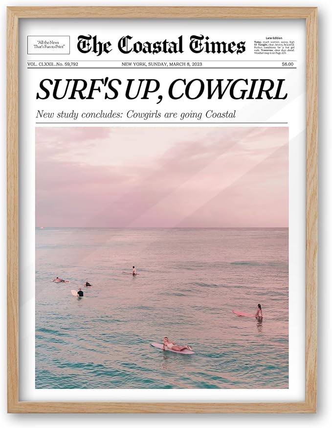 iHery 8x10in Surf’s Up Cowgirl Framed Newspaper Wall Art | Natural OAK Wood Frame with Canvas Print, Coastal Cowgirl Decor for Bedroom, Dorm, Living Room and Bar Cart, 1Pack