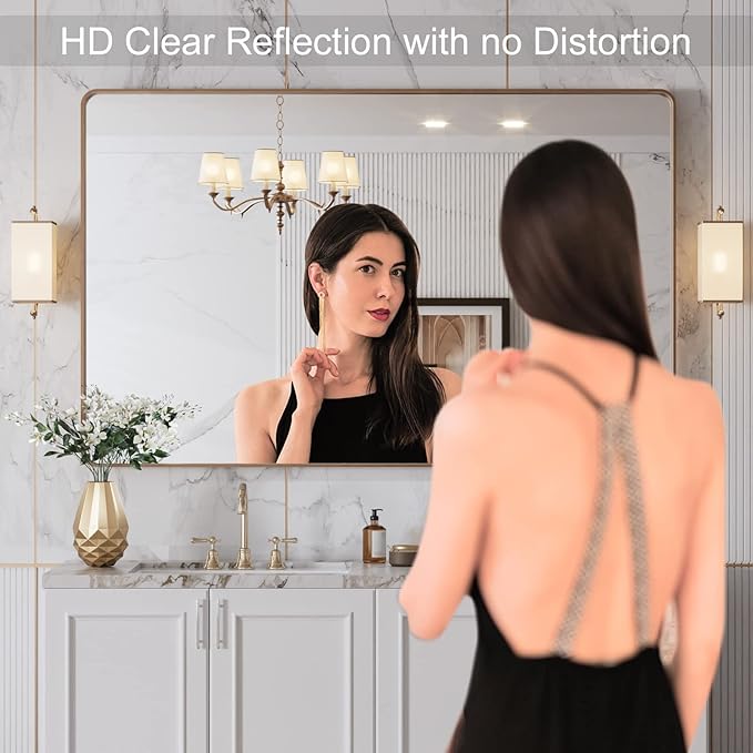 LOAAO 48"X30" Gold Bathroom Mirror | Rounded Rectangle, Brushed Gold Frame, Wall-Mounted, Anti-Rust, Tempered Glass, Hangs Horizontally or Vertically
