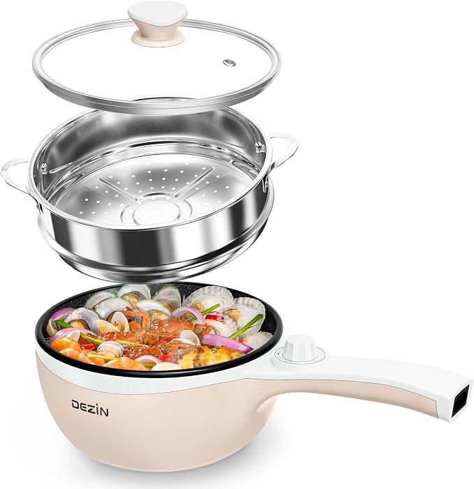 Dezin Electric Pot with Steamer, 1.5L Non-Stick Portable Hot Pot Electric | Dual Power, Upgraded 700W Electric Pot for Cooking Steak, Egg, Soup, Ramen Cooker for Dorm, Travel, RV, Office, Beige Pan