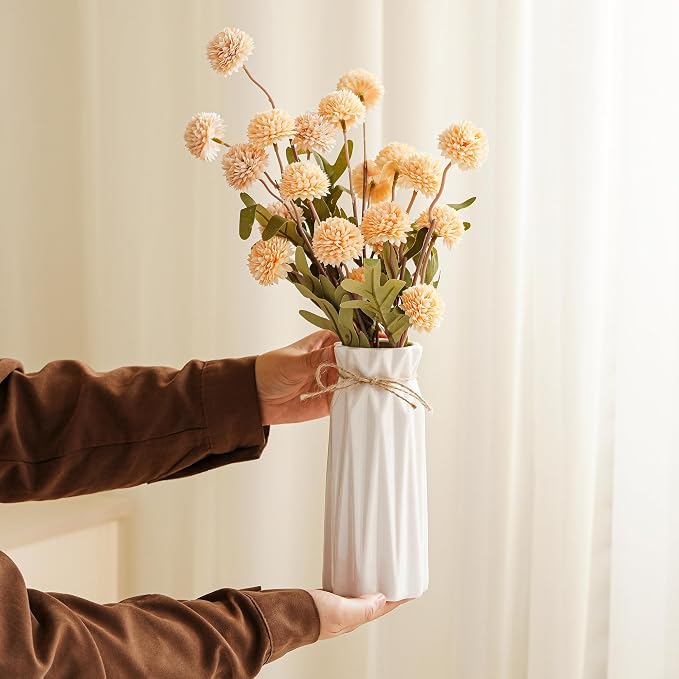 White Small Vase Ceramic Jute Rope Simple Vases for Home Decor Minimalist Modern Flower Vase Elegant Decorative Glossy Vase for Pampas Grass, Office, Living Room, Mantel and Bedroom Décor