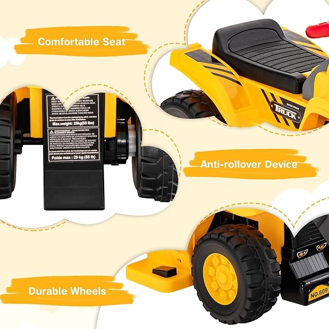 Costzon 2-in-1 Ride on Excavator Bulldozer, 6V Electric Excavator Ride on Toy with 3 Balls & Basketball Hoop, Adjustable Bucket, Ride on Construction Vehicles for Kids, Push Car Gift for Boys Girls