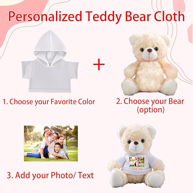 Personalized Teddy Bear Clothes with Photo Text, Custom Stuffed Animal Clothes Fit 8-16inch Stuffed Bear Clothing, Personalized Doll Clothing Make Your Own Plush Doll Shirt
