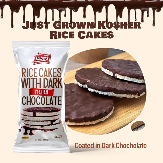 LIEBERS Dark Chocolate Rice Cakes, Kosher, Dairy Free, Gluten Free, 3 Pack | Vegan Whole Grain Brown Rice Snack, Crispy & Low Calorie, 60 Calories or Less per Cake, Great on the Go