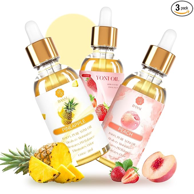 3 Packs Yoni Oil for Women - Feminine Care Oil - All Natural Vaginal Essential Oils, Reduces Odor, Restores pH Balance and Wetness, 1 fl oz/pc Strawberry Pineapple Peach Scent