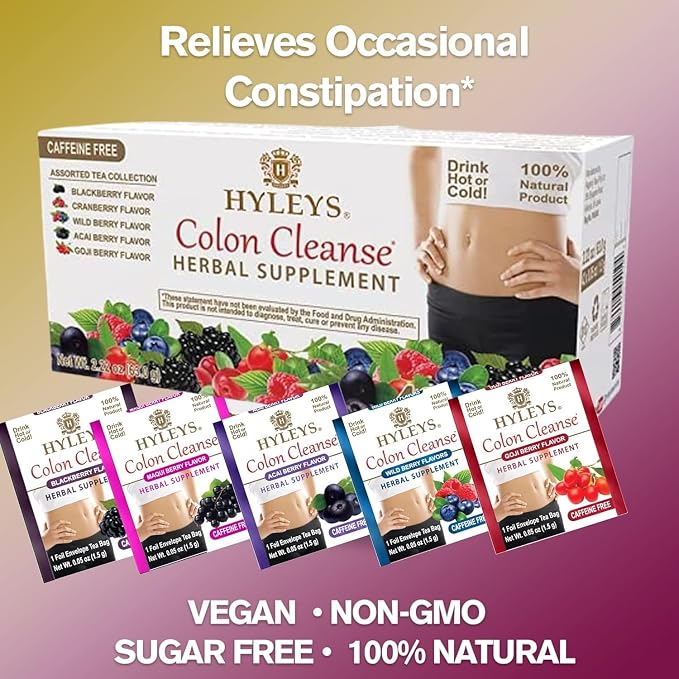 HYLEYS Colon Cleanse Tea, Assorted Flavors - 42 Individually Wrapped Herbal Tea Bags - Caffeine Free, Gluten Free