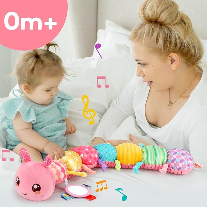 Baby Girls Toys 0-6 Month Music Animal Stuffed Caterpillar Toy for Infant 0-3 3-6 Months Mirror Crinkle Rattle Tummy Time Sensory Toys for 3 4 5 6-12 Month Old Newborn Baby Shower Valentines Gifts