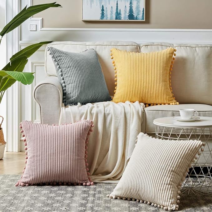 Fancy Homi Pack of 2 Decorative Throw Pillow Covers 22x22 with Pom-poms, Soft Corduroy Solid Square Cushion Pillow Cases Set for Couch Sofa Bedroom Car Living Room (22x22 Inch/55x55 cm, Blush Pink)