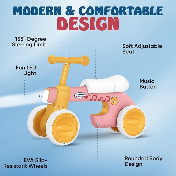 Henry & Colin Toddler Balance Bike for 1 to 3 Year Old Girls, 4 Wheel First Bike, Toddler Walker Riding Toy with Colorful Light and Music, First Birthday Gifts (Classic Pink)