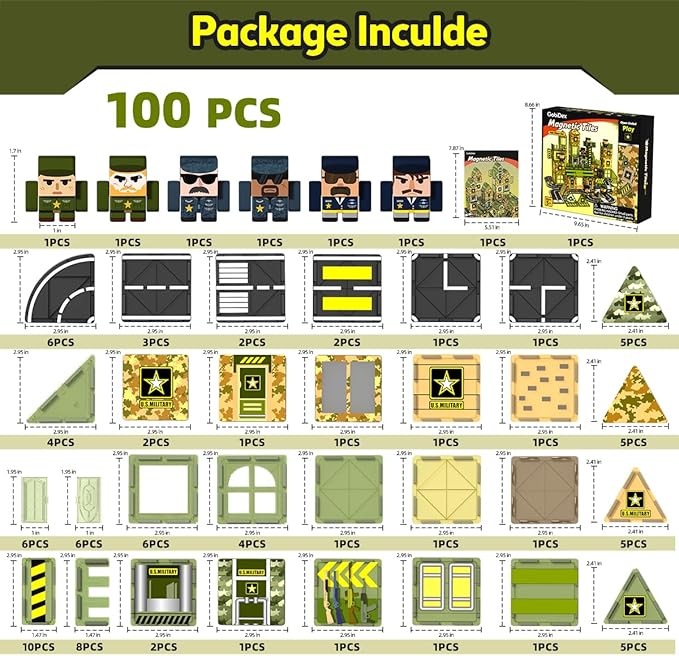 GobiDex 100PCS Army Magnetic Tiles with 6 Toy Soldiers, Military Magnetic Blocks Building Toys for Kids Ages 3-5 4-8, STEM Construction Army Men Toddler Toys Birthday Gifts for 3+ Year Old Boys Girls