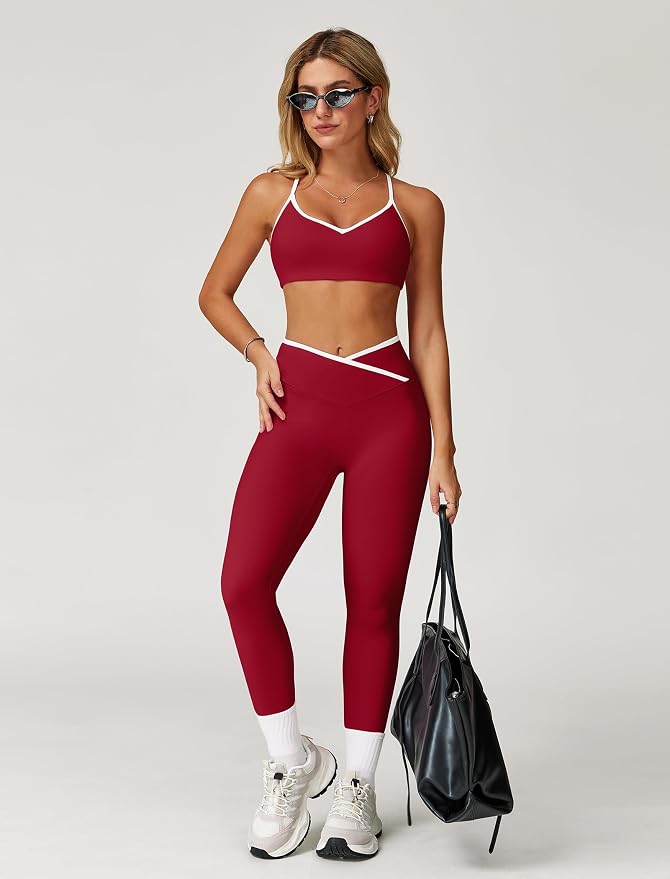 ABOCIW Workout Sets for Women 2 Piece Color Block Strappy Sports Bra High Waist Shorts Gym Yoga Pilates Outfits