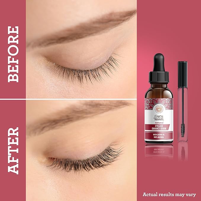 GuruNanda Natural Castor Oil Eyelash Enhance Serum with Rosemary Oil - Brush Applicator & 5 Pipettes, Helps Natural Hair Growth for Eyebrows & Beards, 2 Fl Oz