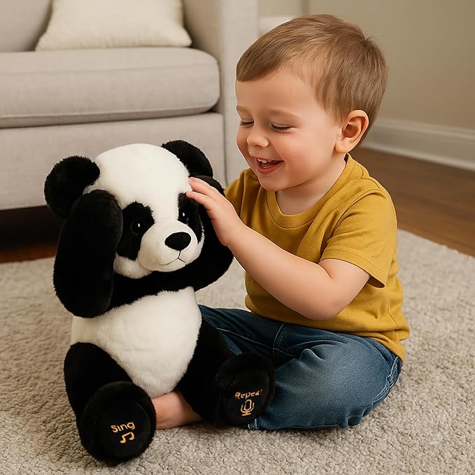 Cuteoy Peek A Boo Panda Bear Plush Toy Interactive Electric Stuffed Animal Repeats What You Say Singing Talking Musical Plushies Gifts for Christmas Birthday 11''