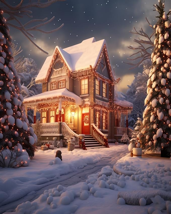 DIY Art Therapy Embroidery Kit,Pre-Printed Canvas 40x50cm,Relaxing Hand Stitch Project for Women,Beginners,Teens,Gift for Craft-Loving,Snow Scene,Christmas Houses