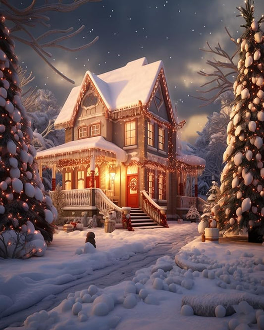 DIY Art Therapy Embroidery Kit,Pre-Printed Canvas 40x50cm,Relaxing Hand Stitch Project for Women,Beginners,Teens,Gift for Craft-Loving,Snow Scene,Christmas Houses