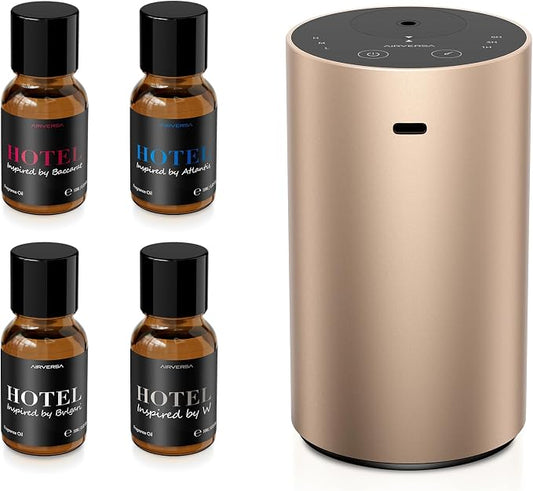 Airversa ADX Waterless Essential Oil Diffuser Starter Kit, Titanium | 4 x 10mL Fragrance Oi, Up to 600 sq ft, Battery Operated, Portable for Home Car Office, ADXKit-4x10-02