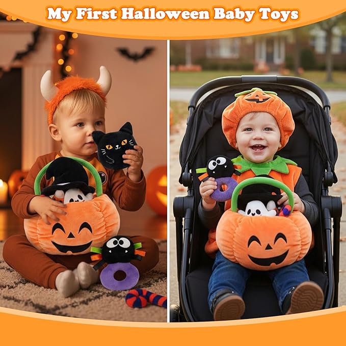 My First Halloween Baby Toys, Cute Pumpkin Stuffed Animal with Ghost Spider Black Cat Candy Corn Plush Toys for Baby Boys Girls, Halloween Plush Gifts Basket Party Favors for Kids Babies Toddlers