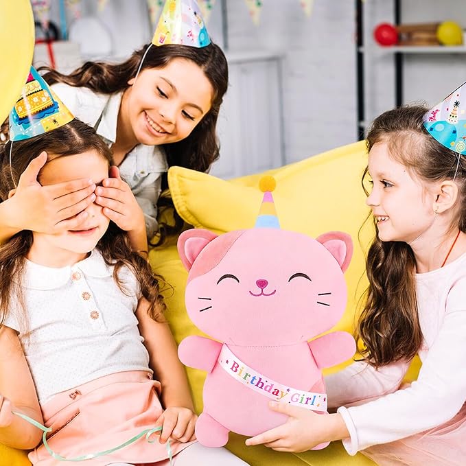 Achwishap Cat Stuffed Animal,Birthday Girls Cat Plush,14” Cats Plush Toys,Cute Plushies Birthday Gifts for Girls,Kawaii Kitten Plushie Huggging Pillow,Cuddly Animal Body Pillow for Kids Adults,Pink