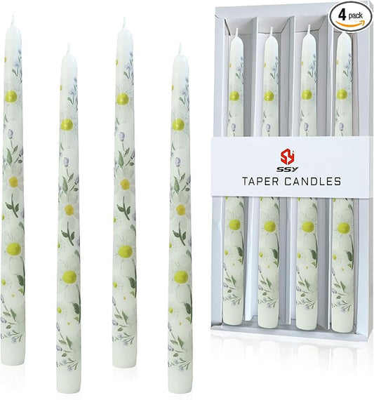 Daisy Printed Taper Candles Smokeless- 4 pcs Handmade White Taper Candle - Dripless Uncented Candle 10 inches Long Flower Printed Tapered Candles for Home Party Wedding Restaurant Holiday Decor