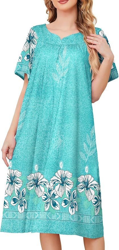 House Dresses for Women with Pockets Moo Moo Nightgown Short Sleeve Mumu Dress Lounge Dress S-3XL