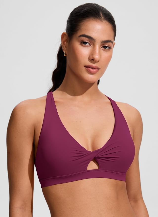 CRZ YOGA Twist Front Cut Out Bikini Tops for Women - Padded V Neck Spaghetti Strap Criss Cross Swim Bathing Suit Bra