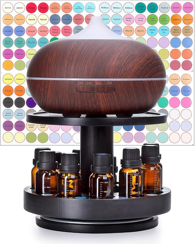 TJ.MOREE Bamboo Essential Oil Organizer 2-Tier Carousel Holder, Black | Bamboo Material, Fits 5 ml to 30 ml Essential Oil Bottles, Suitable for Home and Office Spaces