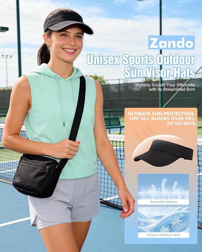 Zando 3.2" Structured Brim Visor Hats for Women, UPF 50+, Golf/Tennis | 3.2"Structured Brim Adds Sun Coverage, Steady View, Quick-dry Sweatband, Open-Top Ponytail Fit, Adjustable Fit & Lightweight