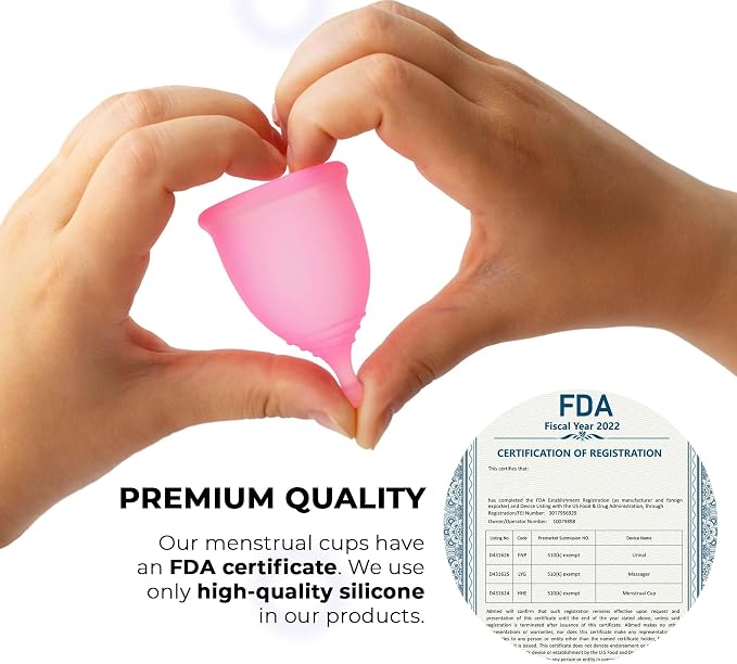 AMZ Medical Supply Silicone Menstrual Cups Small/Large. 100 Pack Period Cups for Women Heavy Flow, Normal Flow. Pink & Transparent Reusable Period Cup + Storage Bag & Brush. Leak Proof Menstrual Cup