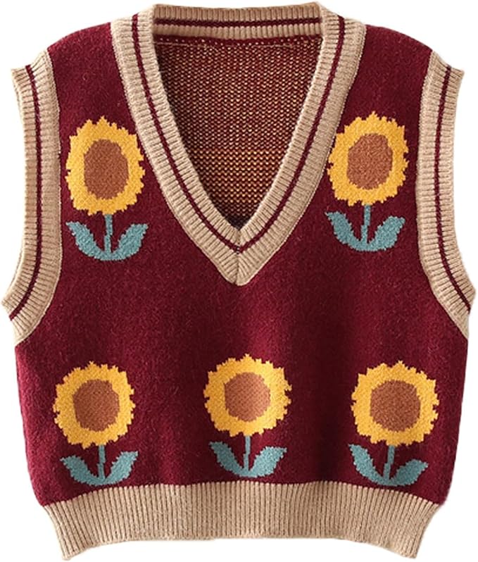 Women's Sweater Vest,Y2K Sleeveless Pattern Preppy Style Knitted Crop Tank Top for Girl