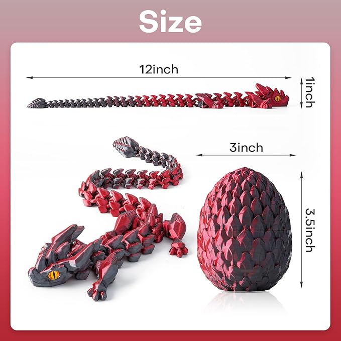 FYEFKJSA 3D Printed Dragon Eggs with Dragon Inside - 12Inch,Articulated Fidget 3D Printed Animals, Interesting Decorative Gift, Easter Basket Essentials Stuffers (Black Red)